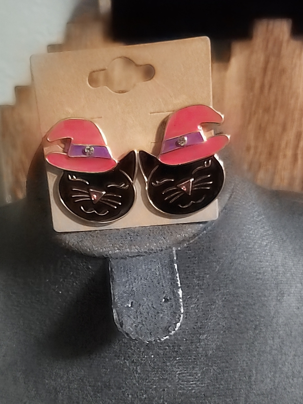 Pink Witch Hat Black Cat Stud Earrings